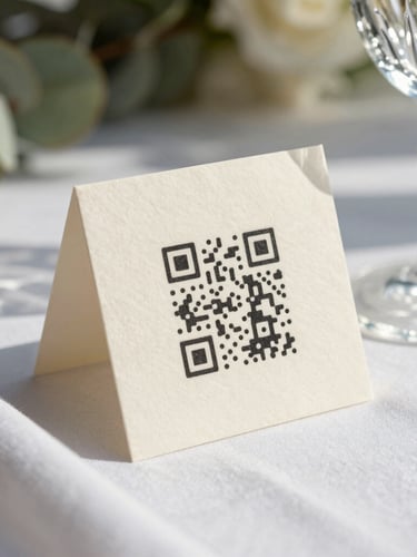A close-up photograph of an elegant, textured ivory paper place card with a clean, minimalist QR code. The card is styled on a beautifully set wedding table next to a crystal wine glass, clean white linen napkin, and soft eucalyptus leaves. Soft natural afternoon sunlight, shallow depth of field, focusing on the card texture.