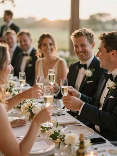 A candid, warm photograph from a guest's perspective showing wedding guests laughing, talking, and clinking champagne glasses at a beautifully decorated reception table. Soft golden hour light, romantic and joyful atmosphere, shallow depth of field.