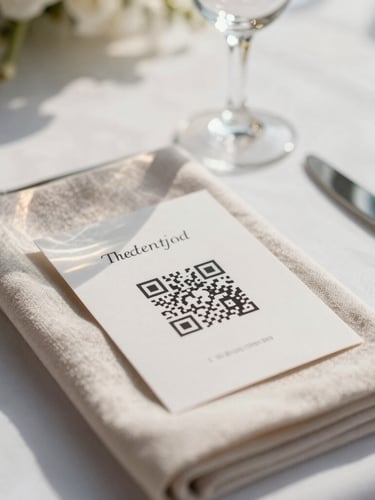 A close-up shot of an elegant wedding table setting with a soft linen napkin, a wine glass reflecting warm light, and a beautifully printed place card with a clean QR code sitting on top, shallow depth of field, natural daylight.