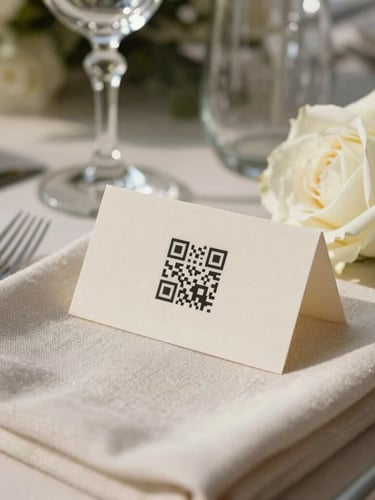 Close-up of an elegant wedding table setting, a beautifully textured linen napkin, crystal glassware, and a minimalist ivory place card with a clean QR code sitting next to a soft white rose, natural warm daylight.