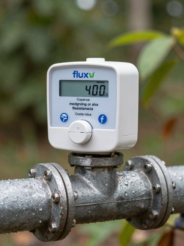 Primer plano macro de un medidor de agua inteligente fluxvu de alta resistencia instalado en una tubería industrial de metal, iluminación natural brillante de Costa Rica
