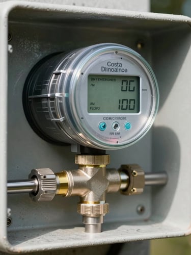 Macro shot of a ruggedized physical smart water meter installed in a concrete utility box, bright Costa Rican daylight, focus on the metallic flow sensor and digital screen showing active flow telemetry.