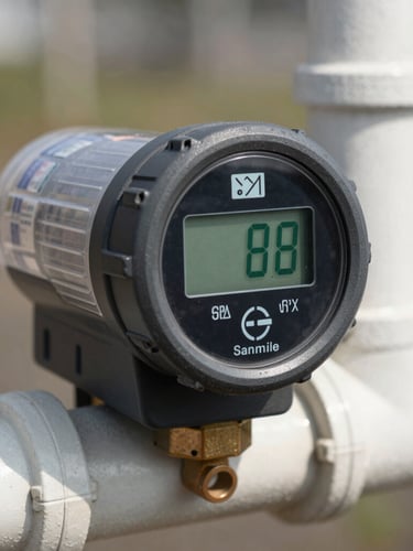 Macro shot of a ruggedized physical smart water meter installed on a clean PVC pipe in daylight, showing a digital flow reading in signal green, sharp focus.