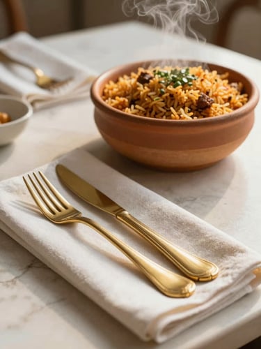 A beautifully laid dining table in warm afternoon light, gleaming polished brass cutlery resting on crisp linen napkins, with a steaming earthenware bowl of jollof rice softly blurred in the background.