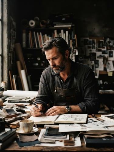Moody editorial portrait of a creative director in a dark studio, warm natural window light casting deep shadows, desaturated tones, 35mm film style