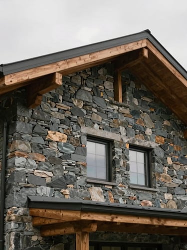 Detail architectural crop of a modern timber and stone mountain home facade, soft overcast daylight, muted slate tones, 35mm photography