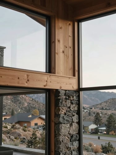 Architectural detail of a modern mountain home in Kamas, soft morning window light highlighting natural timber and stone, minimalist interior, 35mm photography