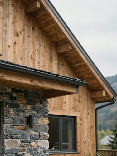 Detail of modern mountain home exterior, soft overcast daylight, natural stone and cedar siding, shallow depth of field, 35mm