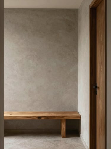 Detail of a minimalist entryway with a simple wooden bench, soft natural light, clean lines, warm architectural photography