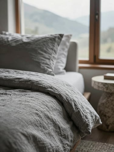 Close-up of tactile natural linen sheets and a stone bedside table in a soft-lit mountain bedroom, gentle morning window light, shallow depth of field