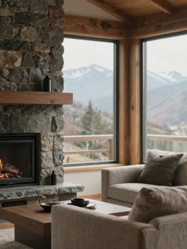 A softly lit interior living space of a modern mountain retreat, featuring a stone fireplace, linen sofa, overcast daylight through large windows.