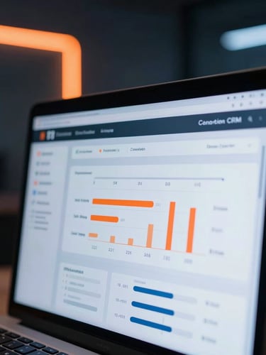 Sleek fintech photography, macro shot of a modern CRM dashboard showing positive conversion metrics, low-key ambient office lighting with sharp neon orange accents, shallow depth of field