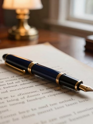 A close-up editorial photo of a fountain pen resting on a detailed vintage contract, warm library lamp light, deep navy and rich mahogany tones, shallow depth of field, 35mm