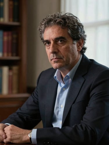 Retrato de medio cuerpo del Dr. Esteban Aquino en su despacho, iluminación lateral tenue de ventana, expresión analítica y seria, vistiendo traje oscuro, fondo de biblioteca jurídica desenfocado.
