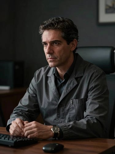 Low-key dramatic side-lighting, Dr. Esteban Aquino in a sober charcoal-toned office, looking analytical and composed, dark background, cinematic framing.