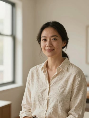 Warm portrait of a female interior stylist in her thirties, neutral cream linen shirt, soft natural light, minimalist Brisbane studio setting, professional and welcoming