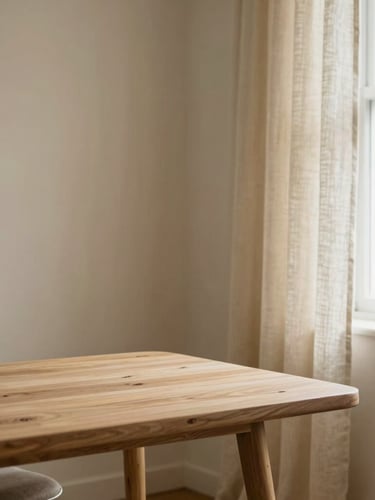 Warm editorial interior photography, soft natural window light, cream and beige tones, architectural composition, 35mm, highlighting a light oak table and linen drapes