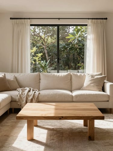 Straight-on architectural shot of a bright Brisbane living room, warm natural sun pouring over a light oak coffee table, cream boucle sofa, linen throw, neutral beige palette, 35mm editorial photography