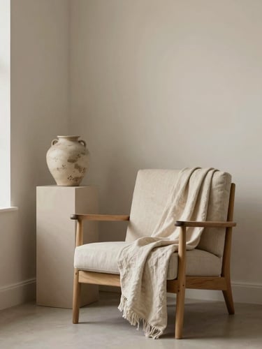 A tall portrait editorial shot of a styled living room corner, a single light oak armchair with a draped beige linen throw, a ceramic vase on a low pedestal, soft side lighting