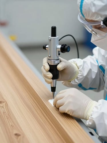 Professional technician in clean protective uniform applying a precise liquid barrier along a wooden baseboard using technical equipment.