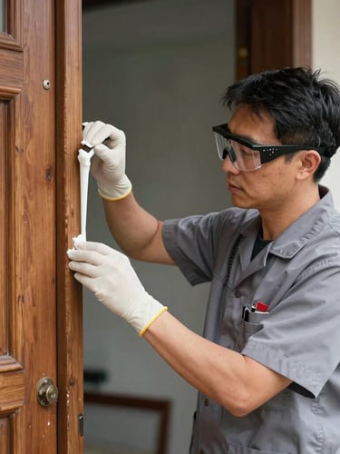 Bright clinical daylight medium shot of a professional technician in a clean grey uniform applying a precise chemical barrier to a historic wooden door frame, safety equipment visible.