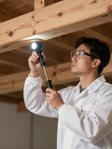 Bright clinical medium shot of a professional pest control technician in a clean uniform inspecting wooden structural beams with a flash light.