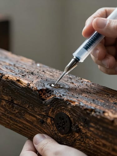 Macro close-up of a historic dark wooden beam receiving a precise technical needle injection of protective liquid, clean clinical lighting, shallow depth of field.