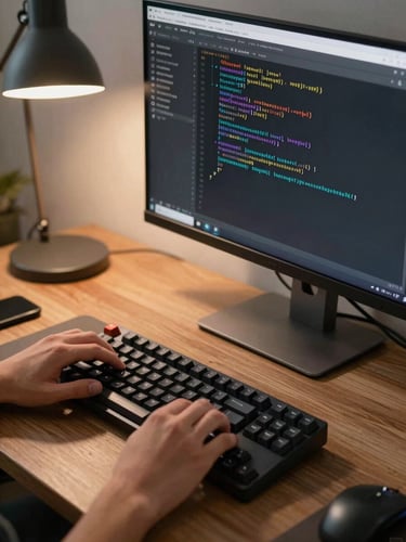 Close-up of a student's hands on a mechanical keyboard, VS Code open on a wide monitor displaying a React component with real data, desk lamp casting warm light, another developer's arm visible at the edge reviewing the same screen