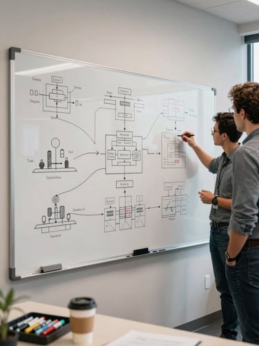 Wide shot of a physical whiteboard covered in system architecture sketches and deployment flow diagrams, two developers standing to the right reviewing notes, natural office light from left, dry-erase markers on the tray, coffee cups on a nearby desk