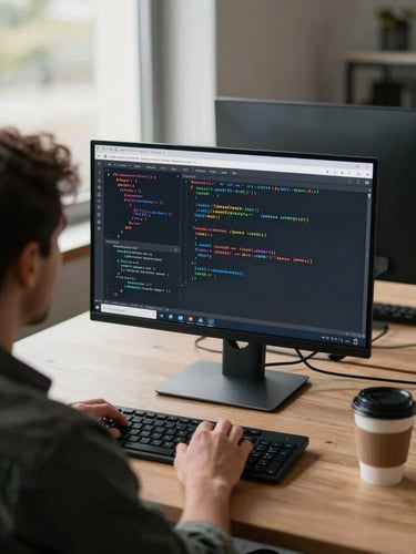 Over-shoulder view of a developer reviewing code on a large monitor in a working office, natural daylight from a side window, another screen showing a running web application, keyboard and coffee cup visible on the desk