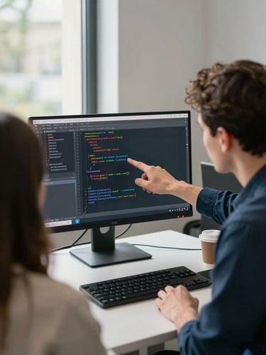 Over-shoulder view of two developers reviewing code on a large monitor in a working office, one pointing at the terminal output, natural daylight from a window to the left, keyboard and coffee cup visible on the desk