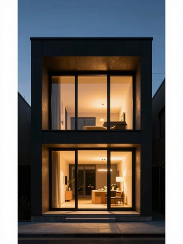 Sharp straight-on architectural photo of a modern Belgian residence exterior at twilight, dramatic warm interior lighting glowing through large windows, deep black shadows, premium editorial style, 35mm