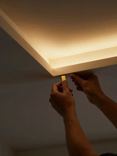 Close-up of a craftsman's hands finishing a pristine drywall corner, dramatic warm golden architectural lighting, deep charcoal background, clean lines, premium editorial style