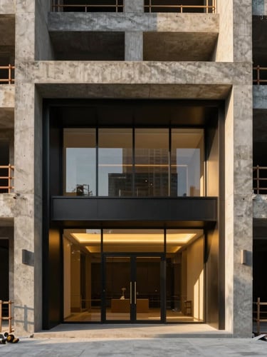 Straight-on architectural photograph of a modern luxury building construction site, sharp concrete lines, warm golden hour light, deep charcoal shadows, premium editorial style