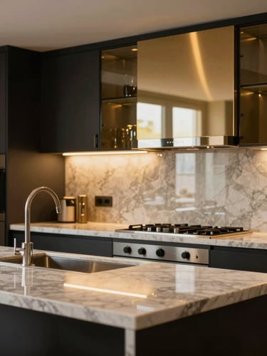 Pristine modern kitchen after post-construction cleaning, sparkling marble countertops, warm golden architectural lighting reflecting on clean glass surfaces, 35mm editorial photography
