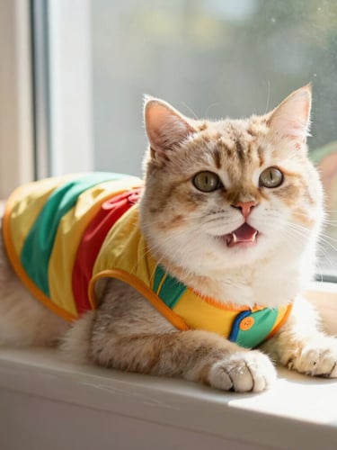 Medium close-up of a happy fluffy cat wearing a colorful tailor-made vest, resting on a sunny window sill, bright natural lighting, warm colors