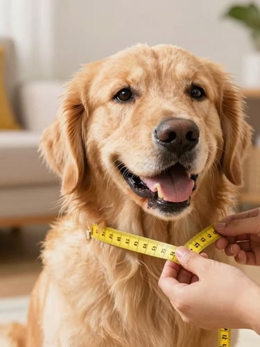 Close-up of hands measuring a happy golden retriever with a soft yellow tape measure, warm natural daylight, cozy Mexican home setting