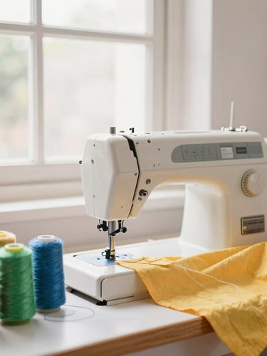 A cozy family workshop in Celaya with colorful threads, a vintage sewing machine, and bright fabrics, warm daylight streaming through a window