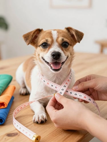 Close-up of hands carefully measuring a happy small dog with a soft tape measure, warm natural daylight, colorful fabrics on a wooden table in Celaya workshop