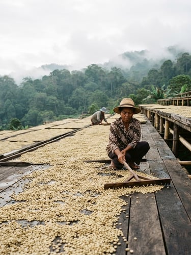 A documentary film photograph of wet-hulled coffee parchment drying on wide wooden patios under soft, diffused equatorial morning light in Sumatra.