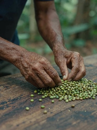 A close-up documentary photograph of a farmer's weathered hands carefully sorting green coffee beans on a rustic wooden table, soft dappled forest light.