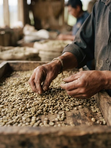 Close-up of hands carefully sorting green coffee beans on a wooden tray, soft diffused equatorial morning light, 35mm documentary film style.