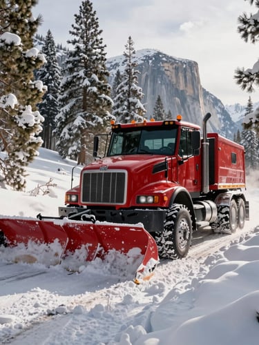Wide shot of a rugged red snowplow truck clearing deep snow from a steep mountain driveway in Boulder, pine trees laden with heavy snow, bright winter morning light, Flatirons visible in the background.