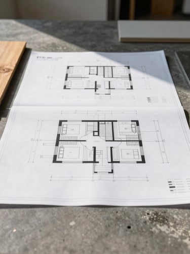 Straight-on architectural shot of architectural blueprints laid out on a dark concrete table, raw oak and steel material samples, sharp natural daylight