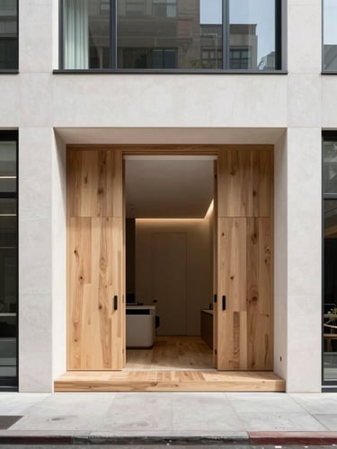Straight-on architectural elevation of a high-end Manhattan residential interior with flawless custom millwork and raw oak flooring, bright natural daylight