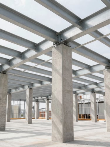 Wide-angle architectural shot of a modern commercial structural framing project in New York, steel beams and concrete columns under bright daylight, clean lines