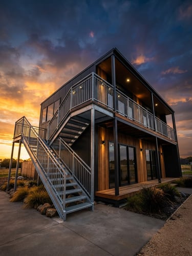Low-angle architectural photography of a modern two-storey portable cabin with external steel staircase, dramatic sunset lighting, deep navy and warm gold tones, wide-angle lens, sharp focus