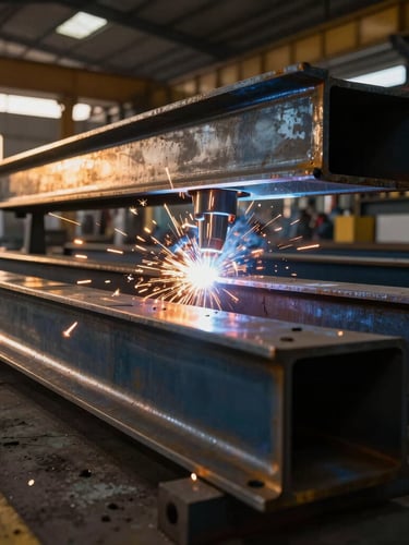 Close-up of industrial steel fabrication, precision welding of heavy-gauge structural steel beams in a modern manufacturing plant, bright sparks, dramatic high-contrast lighting.