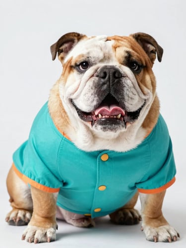 Bright studio photography of a happy, broad-chested bulldog wearing a colorful custom-tailored teal shirt, soft natural light, sharp focus, 50mm