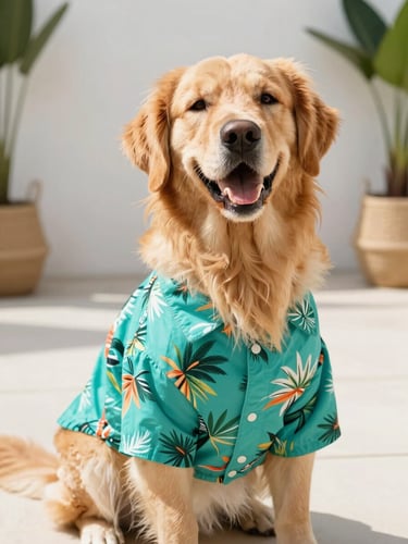 Joyful golden retriever wearing a bright teal tropical print shirt, sitting in a sunny patio, high-key natural light, 50mm focus
